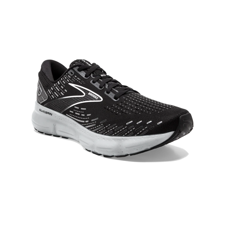 Front angle view of the Men's Glycerin 20 in the wide 2E width, color Black/White/Alloy