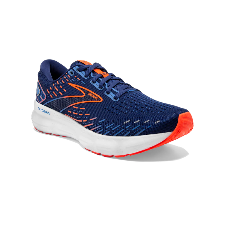 Front angle view of the Men's Glycerin 20 in Blue Depths/Palace Blue/Orange