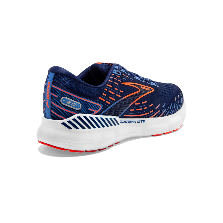 Back angled view of the Men's Glycerin GTS 20 by BROOKS in the color Blue Depths/Palace Blue/Orange