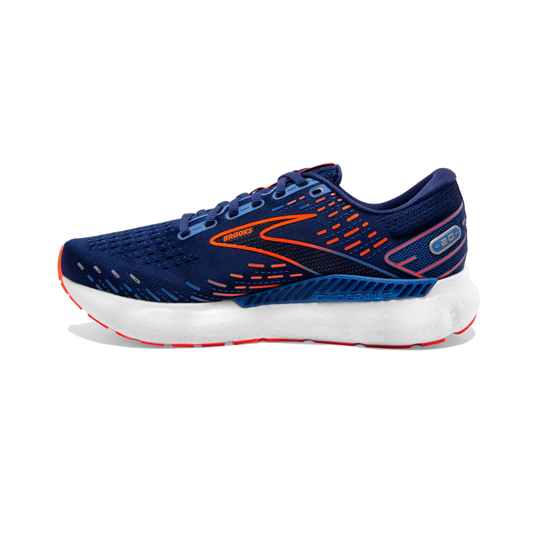 Medial view of the Men's Glycerin GTS 20 by BROOKS in the color Blue Depths/Palace Blue/Orange
