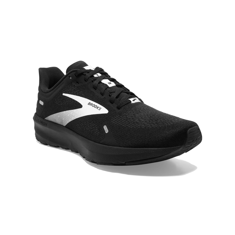 Front angled view of the Men's Launch 9 by Brooks in the color Black/White