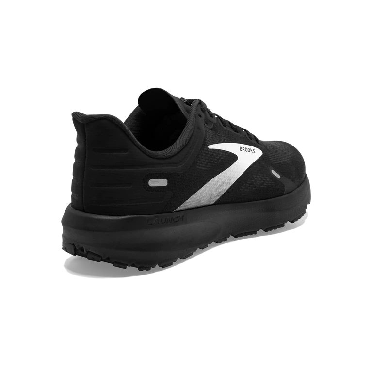 Back angled view of the Men's Launch 9 by Brooks in the color Black/White