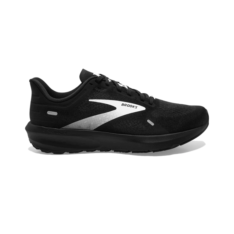 Lateral view of the Men's Launch 9 by Brooks in the color Black/White