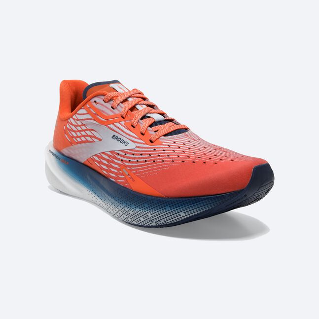 Front angled view of the Men's BROOKS Hyperion Max in the color Cherry Tomato/Arctic Ice/Titan