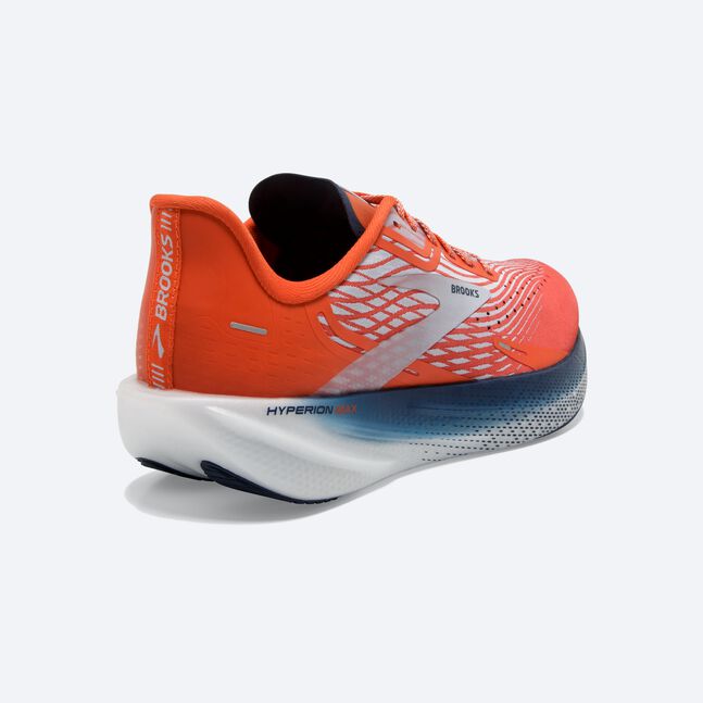 Back angled view of the Men's BROOKS Hyperion Max in the color Cherry Tomato/Arctic Ice/Titan