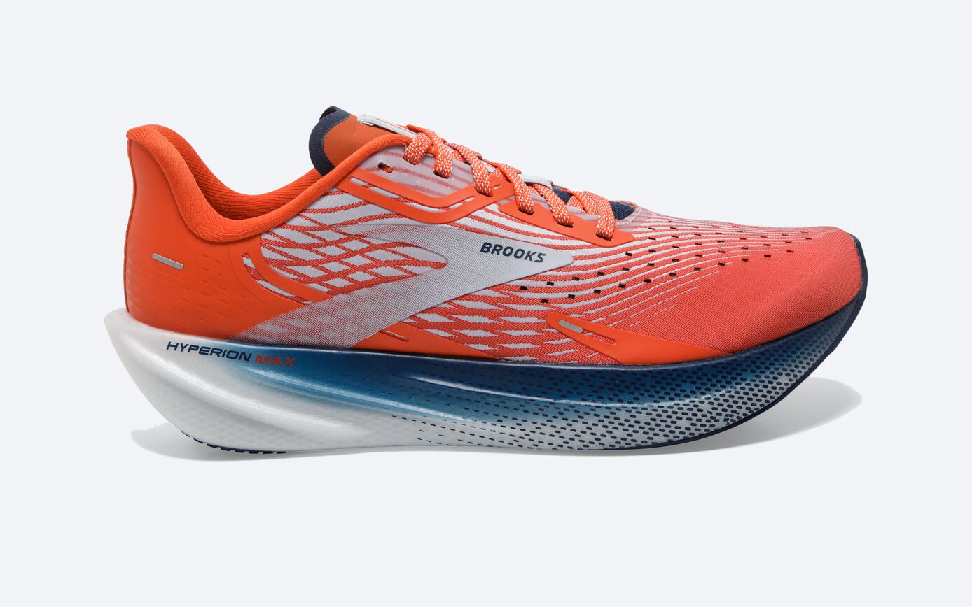 Lateral view of the Men's BROOKS Hyperion Max in the color Cherry Tomato/Arctic Ice/Titan