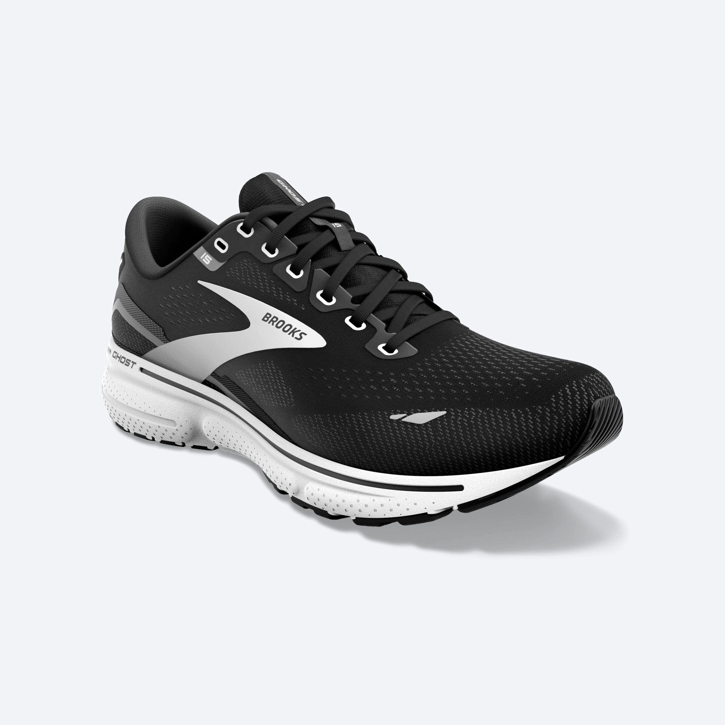 Front angle view of the Women's Ghost 15 by Brooks in the wide D width, color Black/BlackenedPearl/White