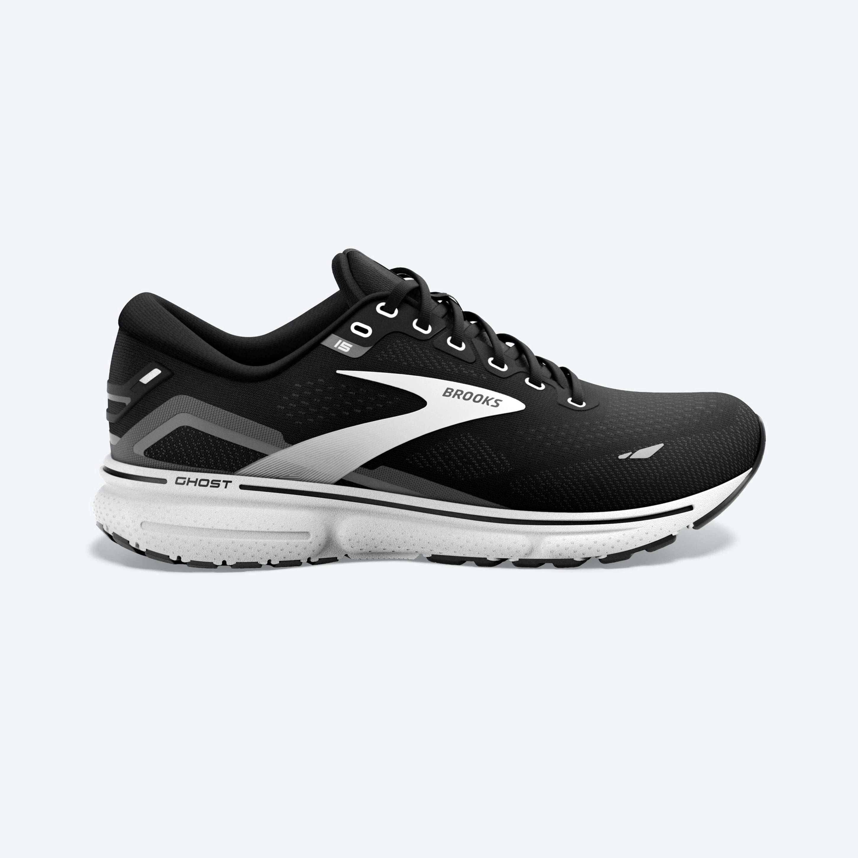 Lateral view of the Women's Ghost 15 by Brooks in the color Black/BlackenedPearl/White