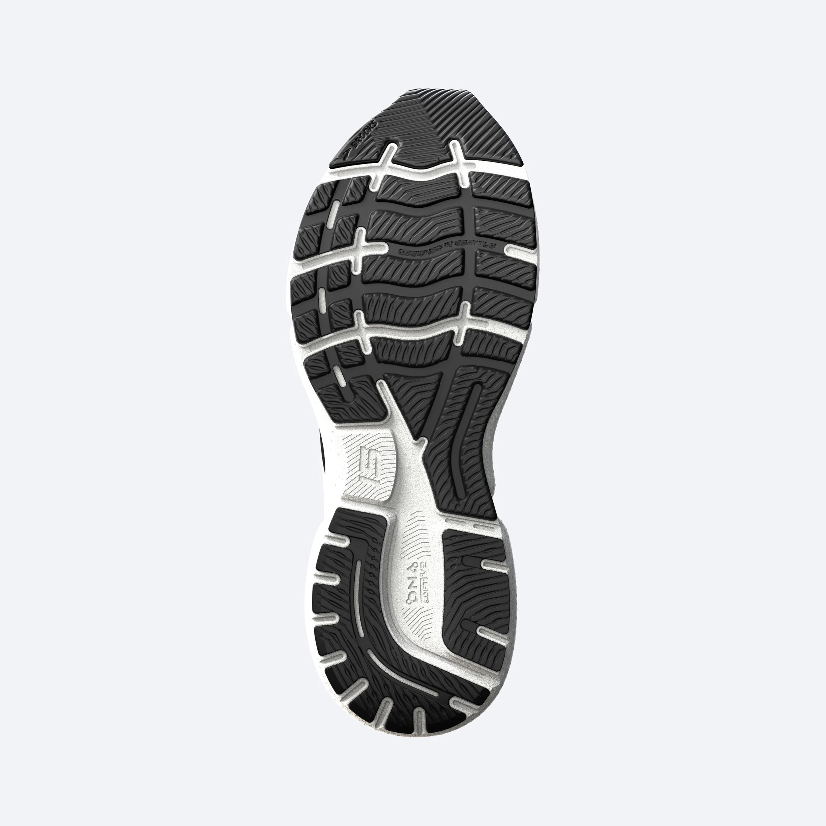 Bottom (outer sole) view of the Women's Ghost 15 by Brooks in the color Black/BlackenedPearl/White  