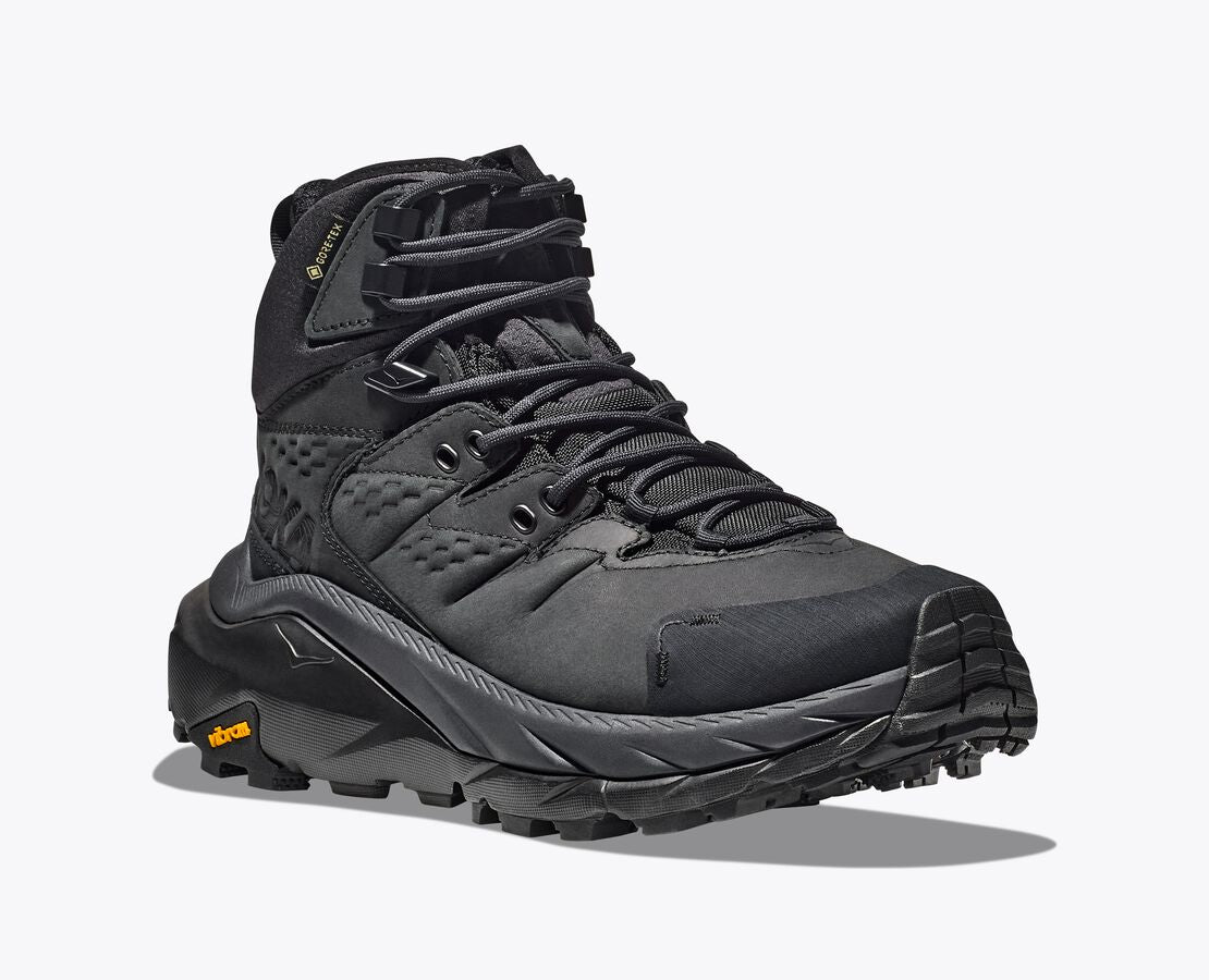 Front angled view of the Men's HOKA Kaha 2 Gore-Tex hiking shoe in All Black