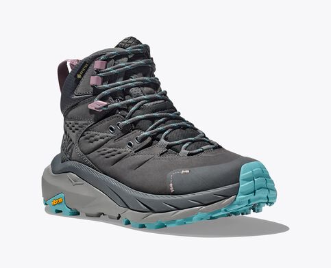 Front angled  view of the Women's HOKA Kaha 2 Gore-Tex trail shoe in the color Castlerock / Coastal Shade
