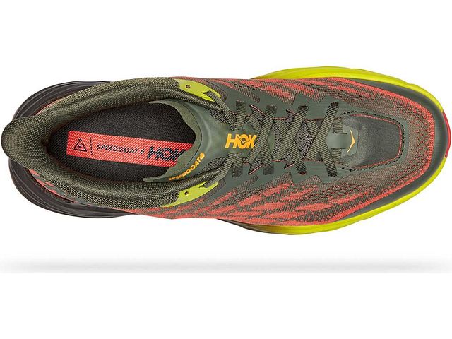 Top view of the Men's Speedgoat 5 trail shoe by HOKA in the color Thyme / Fiesta