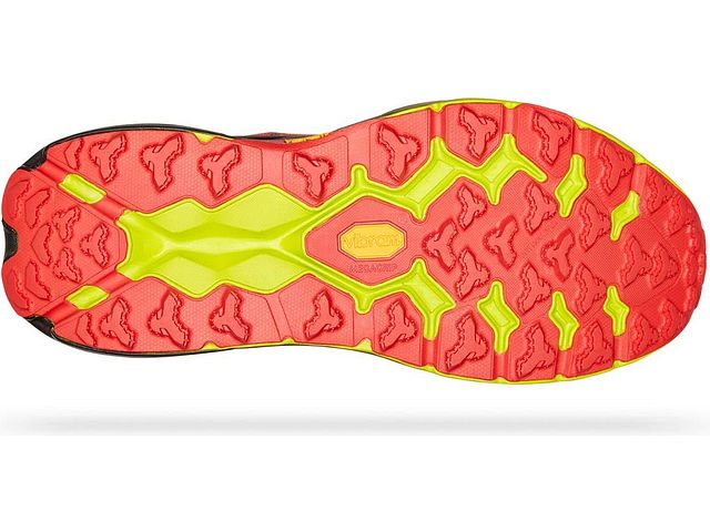 Bottom (outer sole) view of the Men's Speedgoat 5 trail shoe by HOKA in the color Thyme / Fiesta