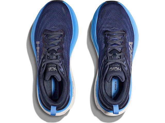 Top view of the Men's HOKA Bondi 8 in the color OUTER SPACE/ALL ABOARD in the wide 2E width
