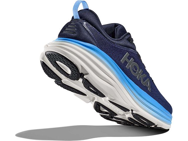 Back angled view of the Men's HOKA Bondi 8 in the color OUTER SPACE/ALL ABOARD in the wide 2E width