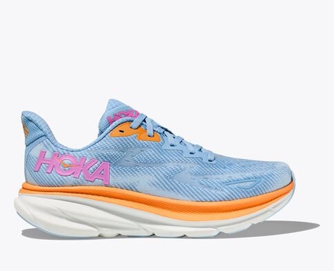 Lateral view of the Women's HOKA Clifton 9 in the color Airy Blue/Ice Water