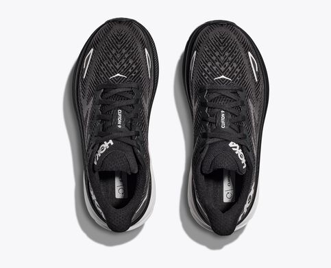 Top view of the Women's HOKA Clifton 9 in the wide D width, color is Black/White
