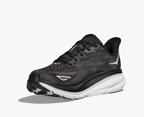 Front angled view of the Men's HOKA Clifton 9 in the color Black/White