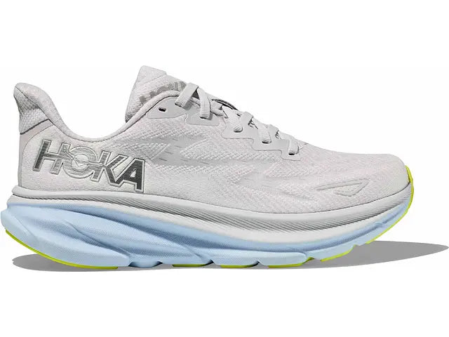Lateral view of the Women's HOKA Clifton 9 in the wide "D" width, color Nimbus Cloud/Ice Water