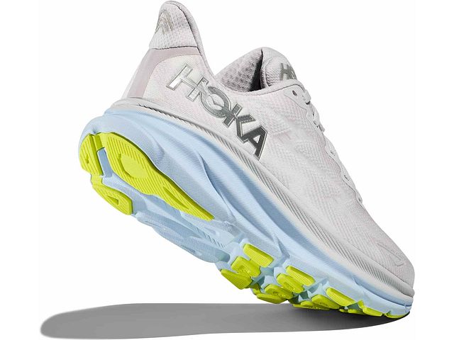 Back angled view of the Women's HOKA Clifton 9 in the wide "D" width, color Nimbus Cloud/Ice Water