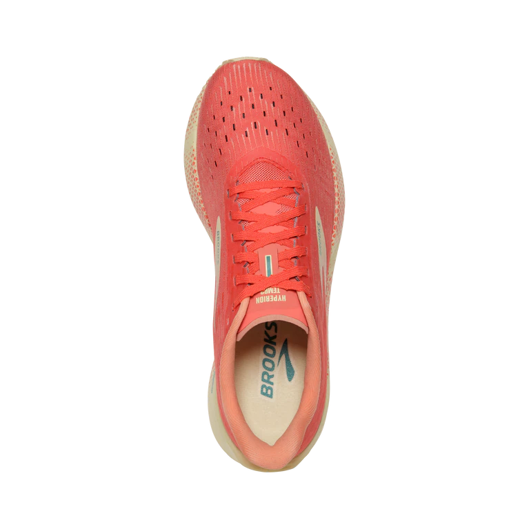 Top view of the Women's Hyperion Tempo by Brooks in the color Hot Coral/Flan/Fusion Coral