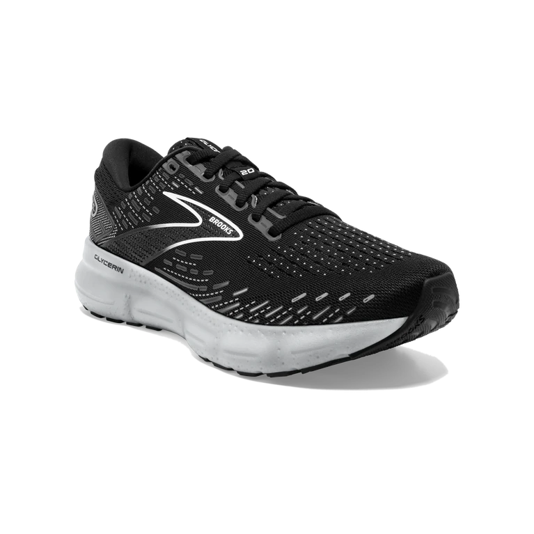 Front angled view of the Women's Glycerin 20 by BROOKS in the wide "D" width, color Black/White/Alloy