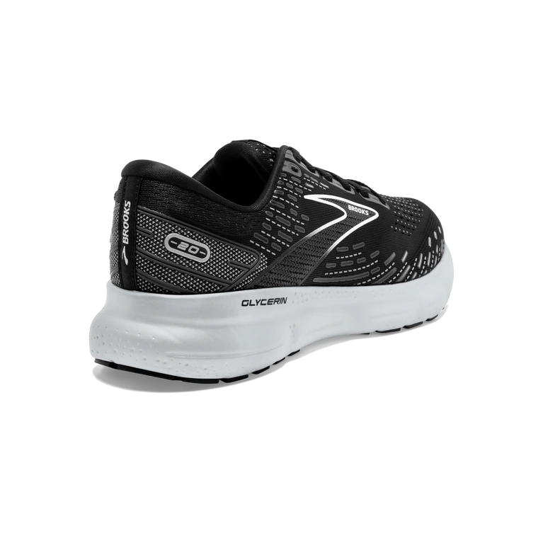 Back angled view of the Women's Glycerin 20 by BROOKS in the wide "D" width, color Black/White/Alloy 