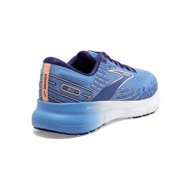 Back angled view of the Brook's Women's Glycerin 20 in the color Blissful Blue/Peach/White