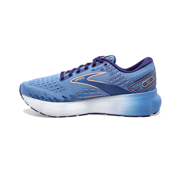 Medial view of the Brook's Women's Glycerin 20 in the color Blissful Blue/Peach/White