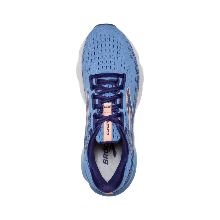 Top view of the Brook's Women's Glycerin 20 in the color Blissful Blue/Peach/White