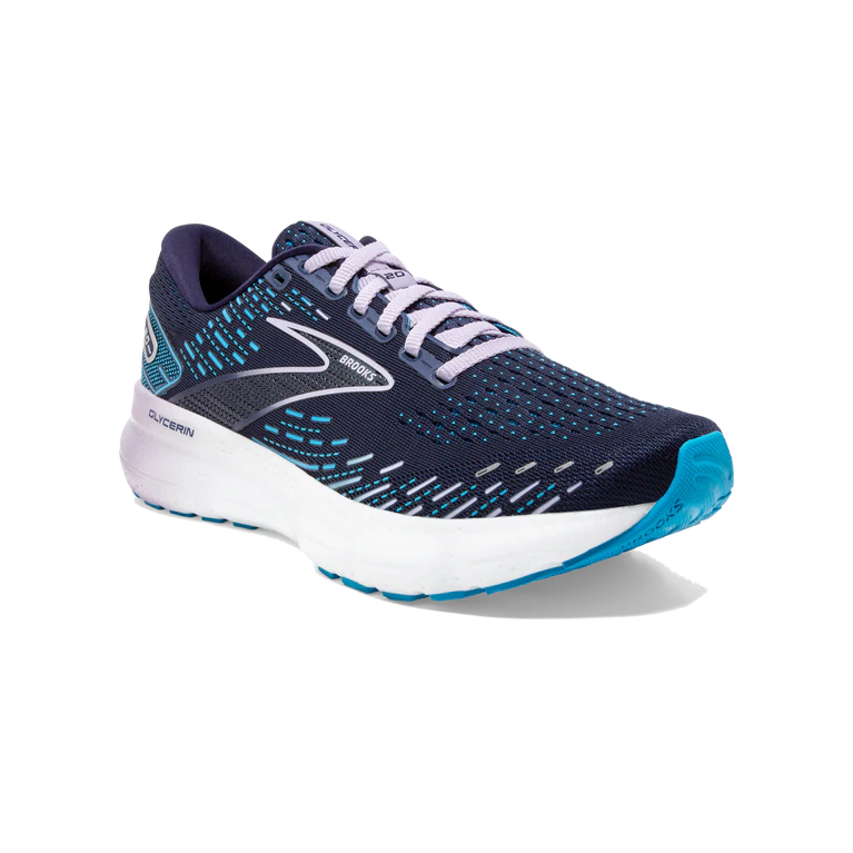 Front angled view of the Women's BROOKS Glycerin 20 in the Narrow "2A" width, color Peacoat/Ocean/Pastel Lilac