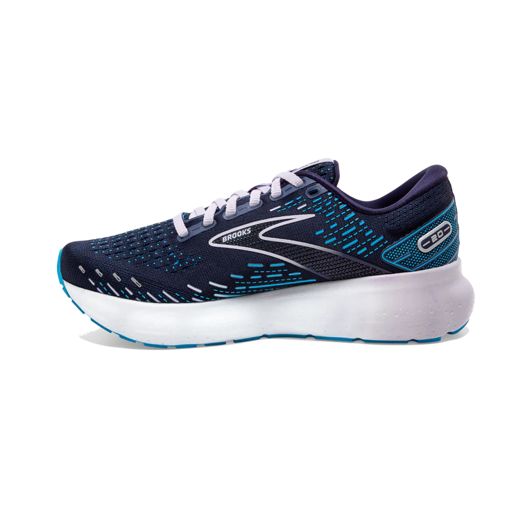 Medial view of the Brook's Women's Glycerin 20 in the color Peacoat/Ocean/Pastel Lilac