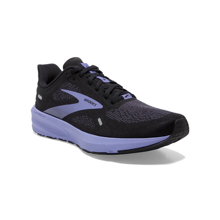 Front angled view of the Women's Launch 9 by Brooks in the color Black/Ebony/Purple