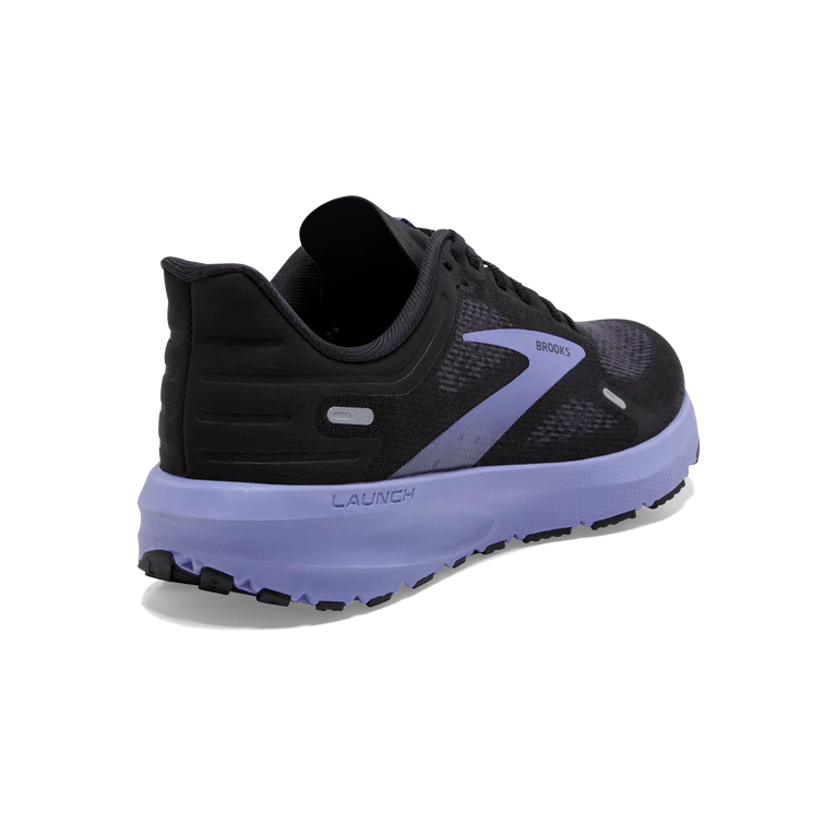 Back angled view of the Women's Launch 9 by Brooks in the color Black/Ebony/Purple