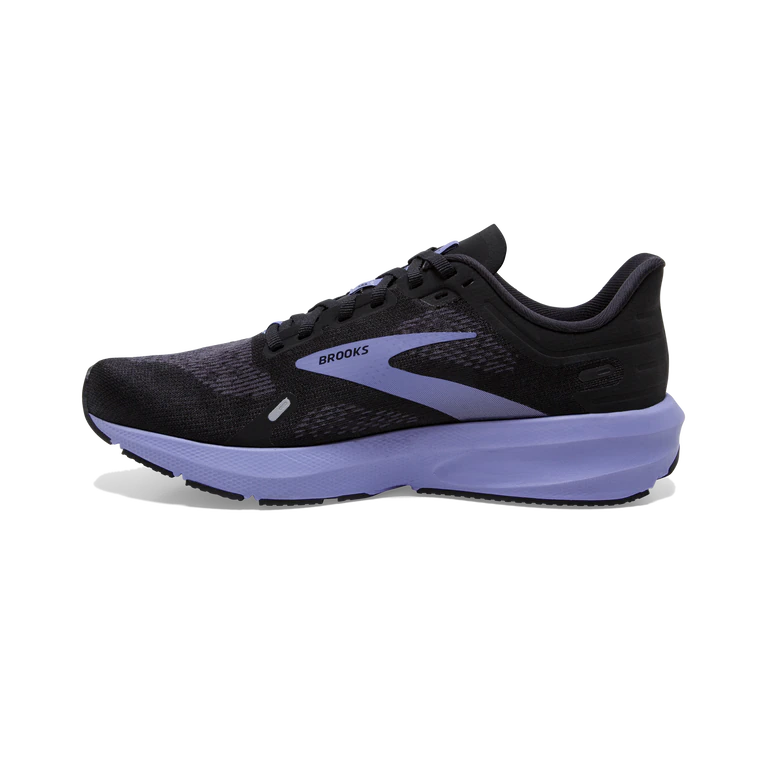 Medial view of the Women's Launch 9 by Brooks in the color Black/Ebony/Purple