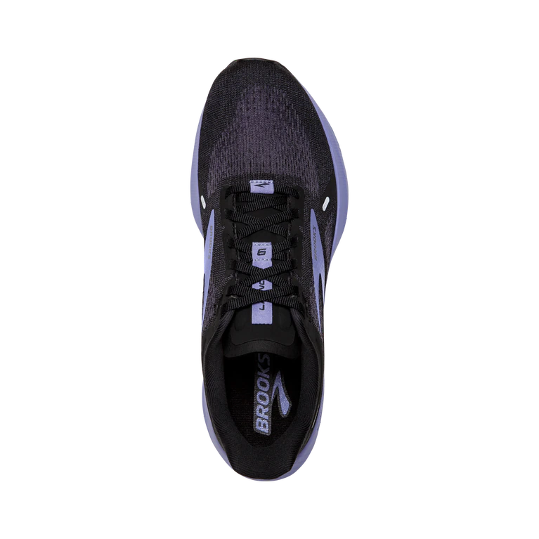 Top view of the Women's Launch 9 by Brooks in the color Black/Ebony/Purple