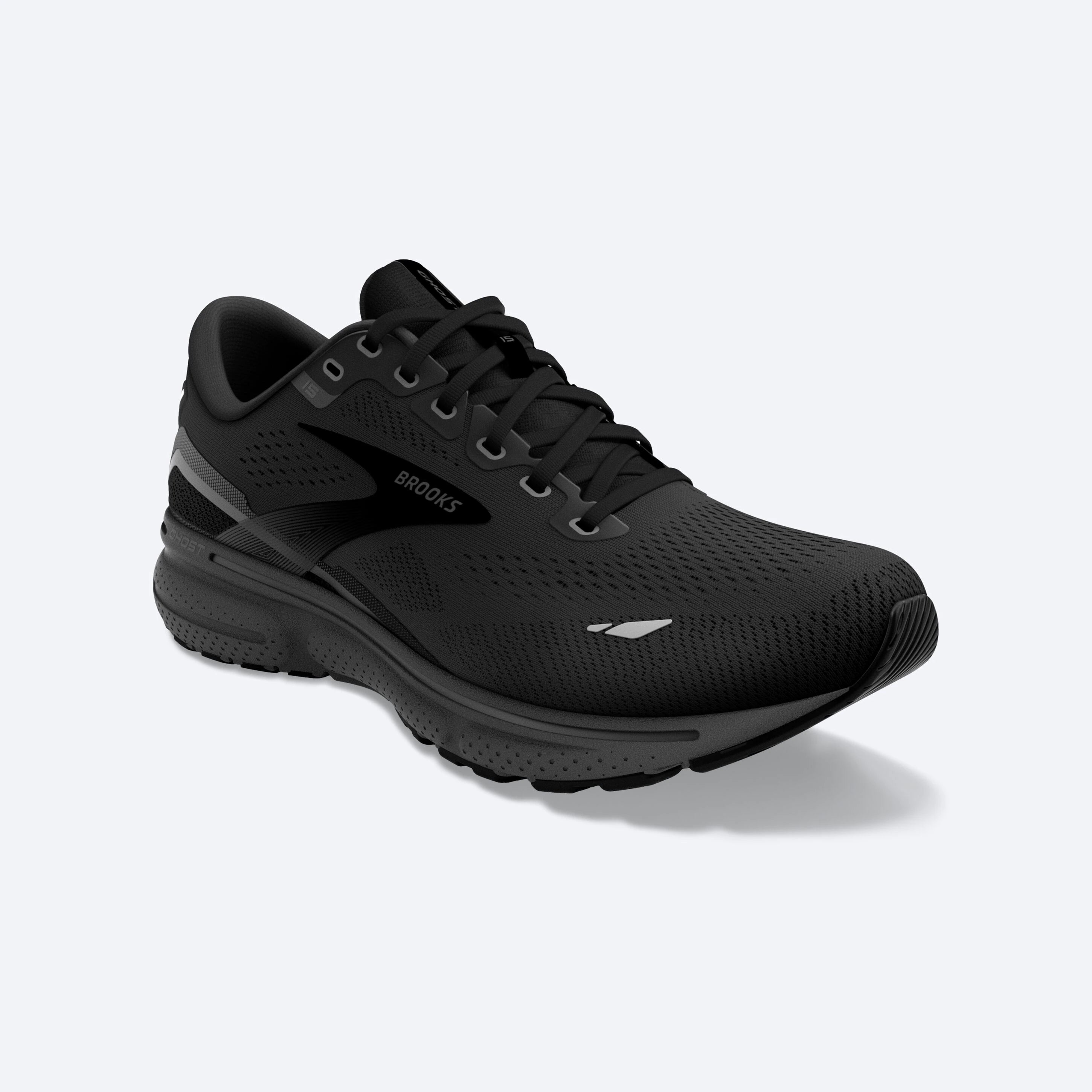 Front angle view of the Women's Ghost 15 by Brooks in the wide D width, color all Black