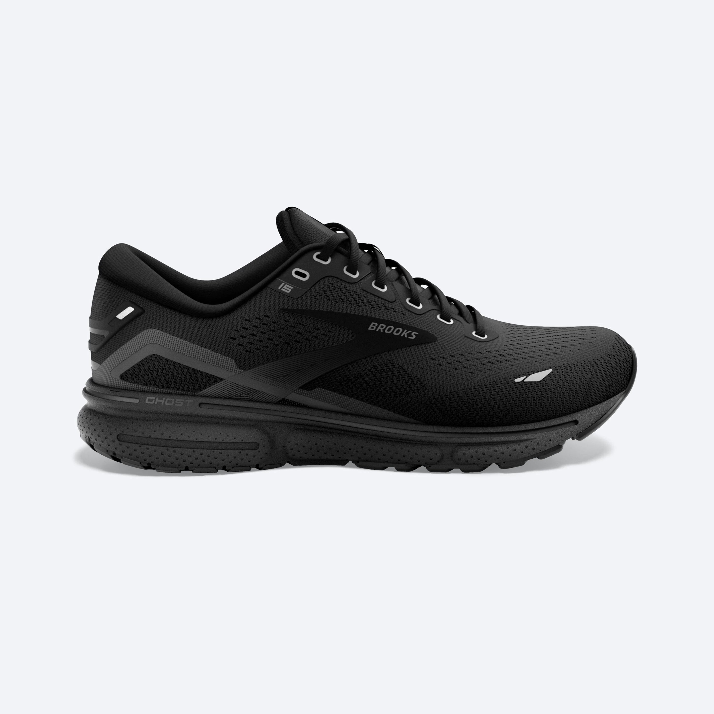 Lateral view of the Women's Ghost 15 by Brooks in the wide D width, color all Black
