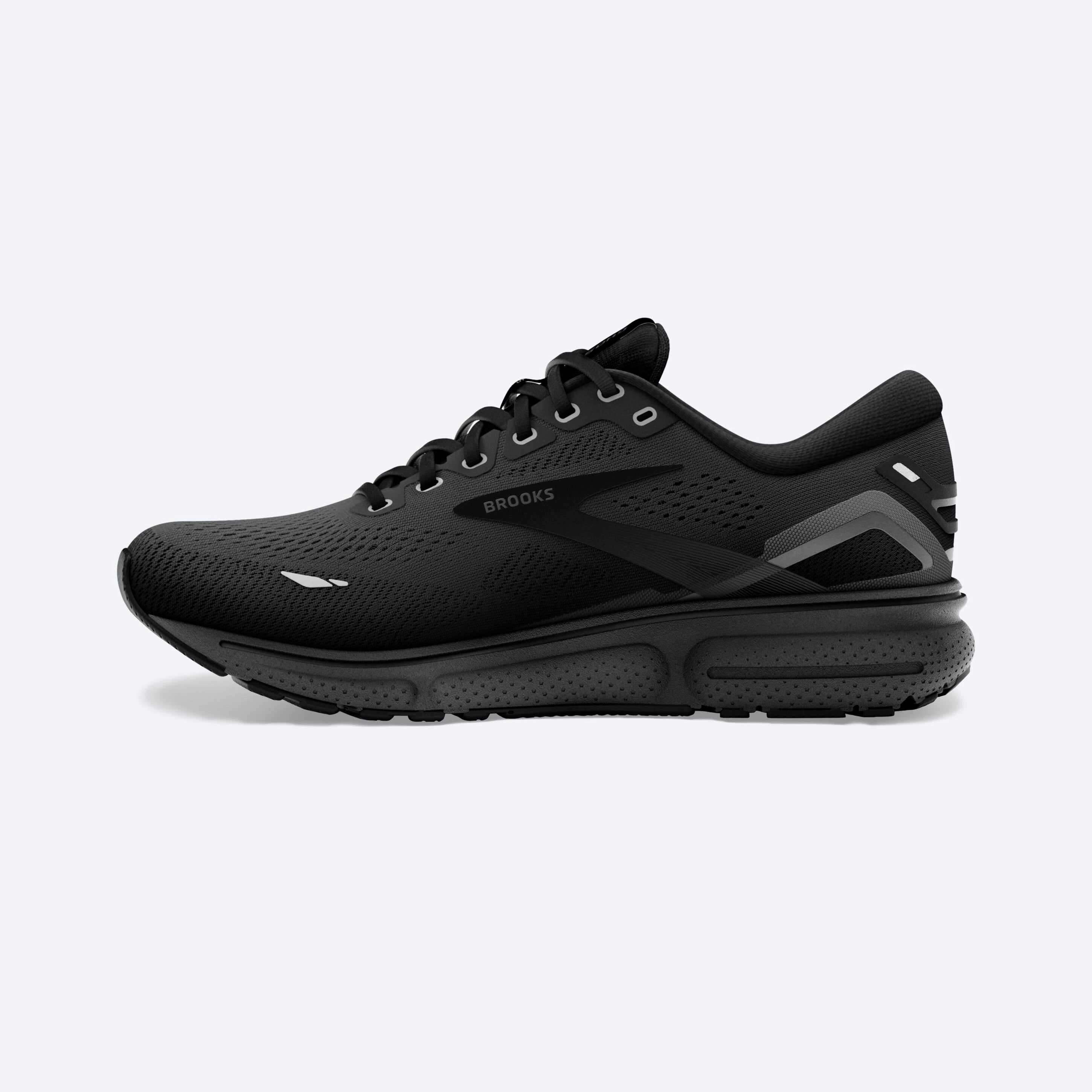 Medial view of the Women's Ghost 15 by Brooks in the wide D width, color all Black