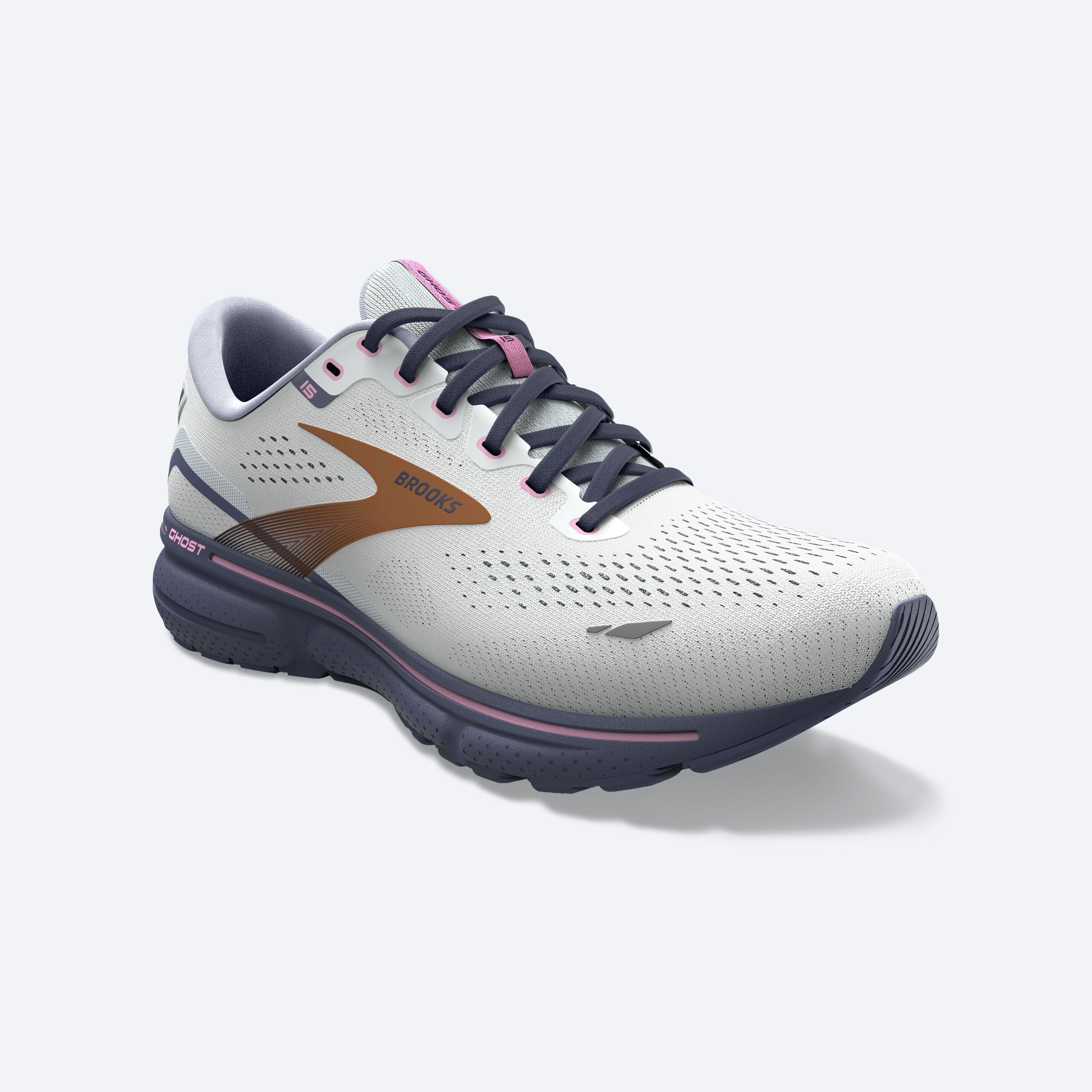 Front angle view of the Women's Ghost 15 by Brooks in the color Spa Blue/NeoPink/Copper