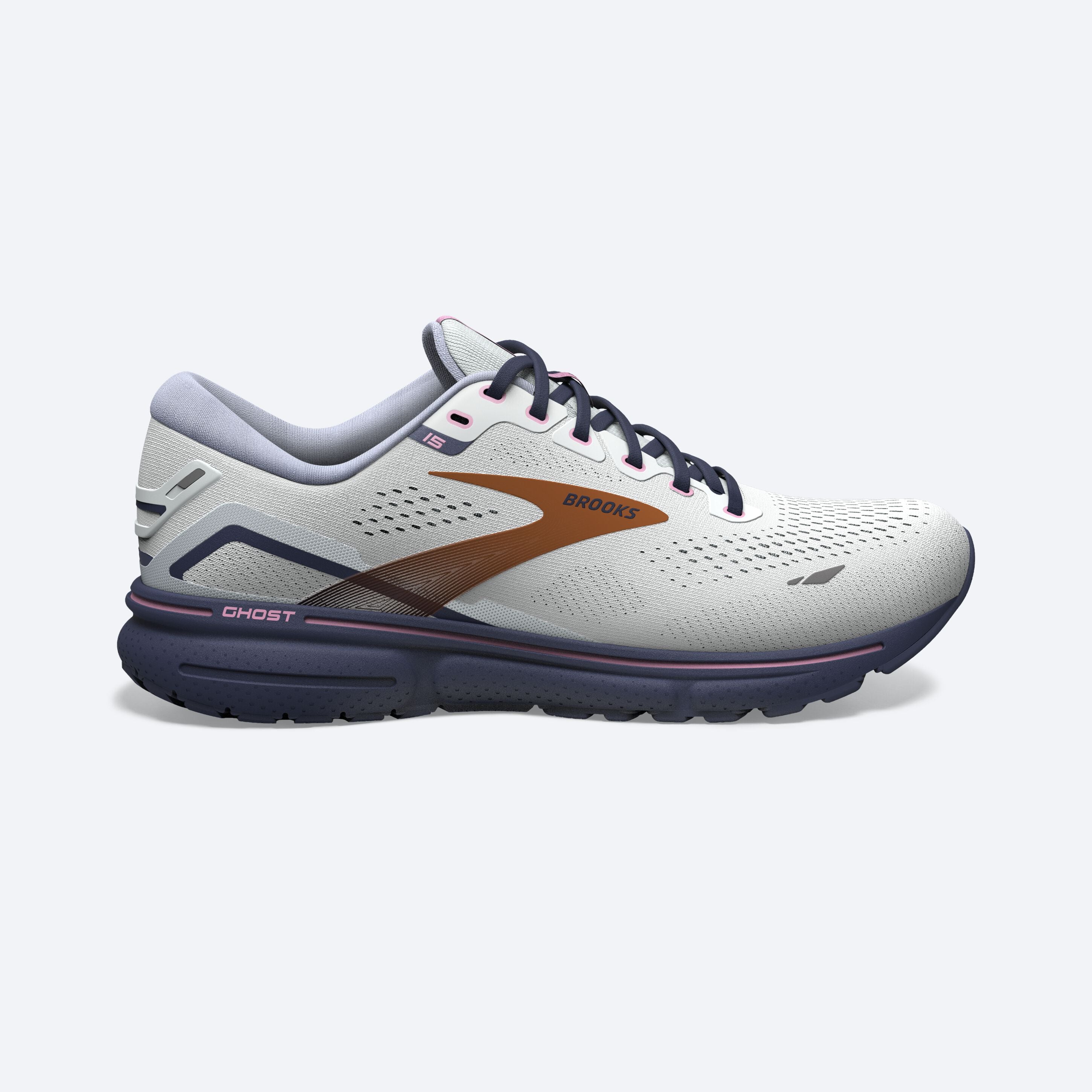 Lateral view of the Women's Ghost 15 by Brooks in the color Spa Blue/NeoPink/Copper