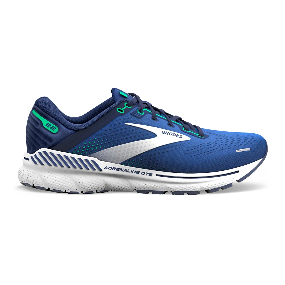 Lateral view of the Men's Adrenaline GTS 22 by BROOKS in the color Surf Web/Blue/Irish Green