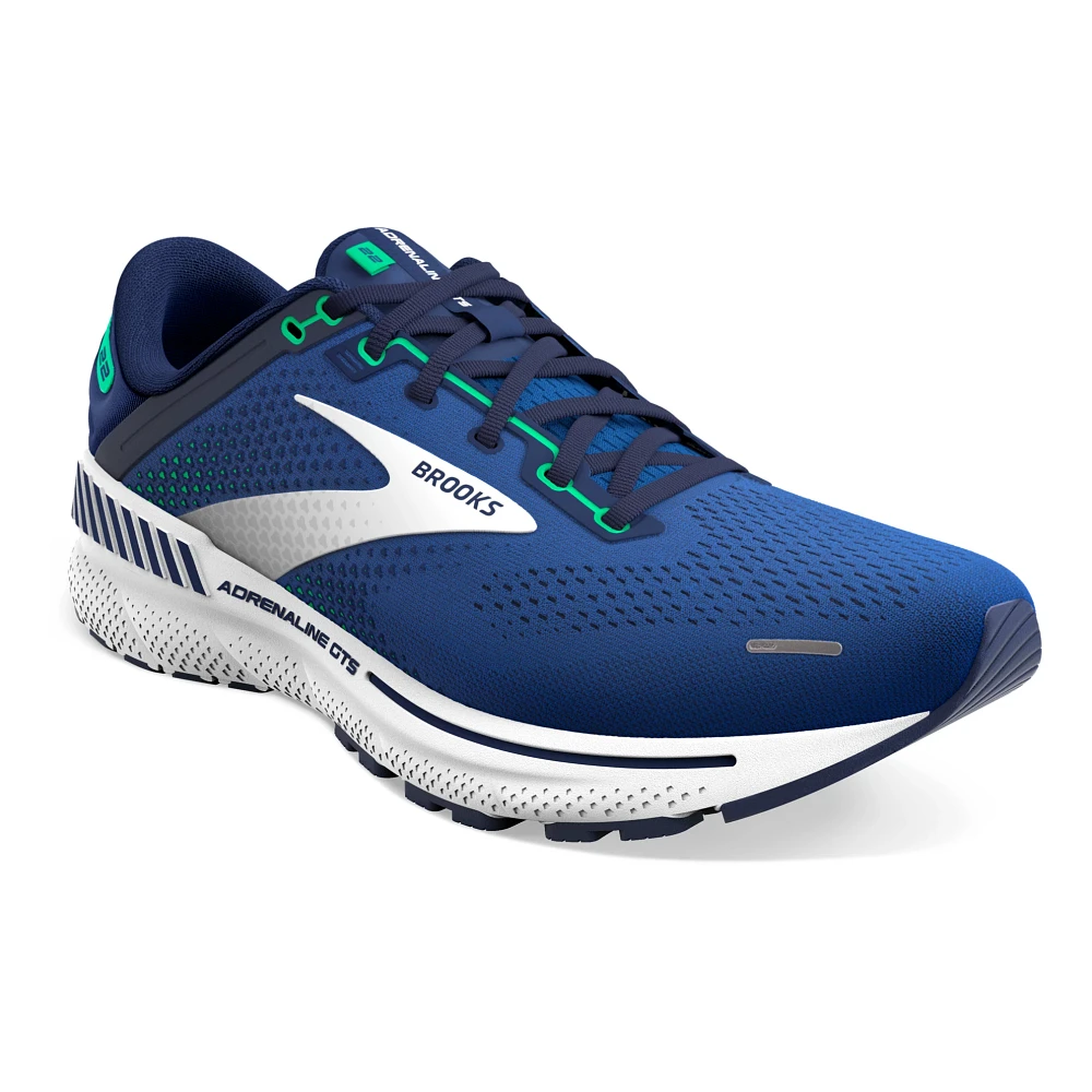 Front angled view of the Men's Adrenaline GTS 22 by BROOKS in the color Surf Web/Blue/Irish Green
