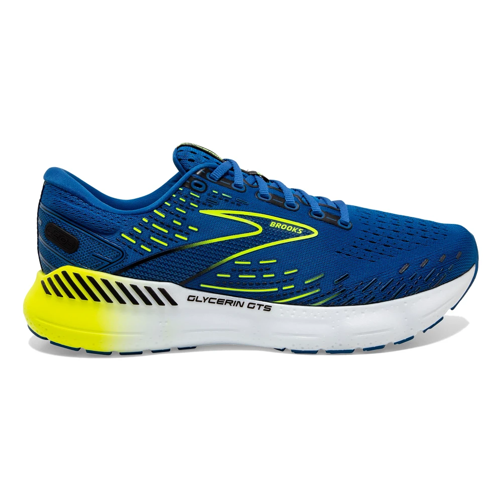 Lateral view of the Men's Glycerin GTS 20 by BROOKS in the color Blue/Nightlife/White