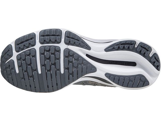 Bottom (outer sole) view of the Men's Wave Rider 25 Waveknit by Mizuno in the color Drizzle / Antarctica