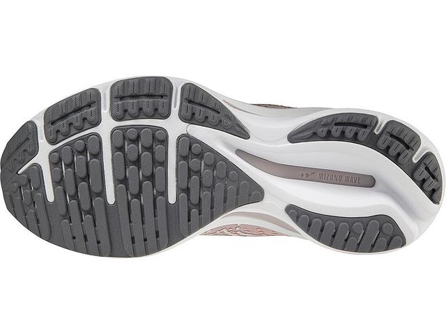 Bottom (outer sole) view of the Women's Wave Rider 25 by Mizuno in the color Pale Lilac / White