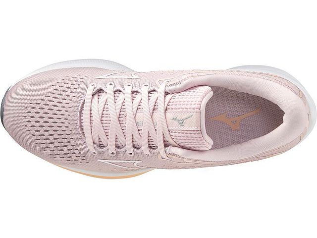 Top view of the Women's Wave Rider 25 by Mizuno in the color Pale Lilac / White