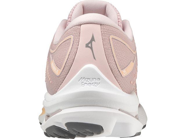 Back view of the Women's Wave Rider 25 by Mizuno in the color Pale Lilac / White