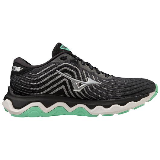 Lateral view of the Women's Wave Horizon 6 by Mizuno in the color Iron Gate/Silver