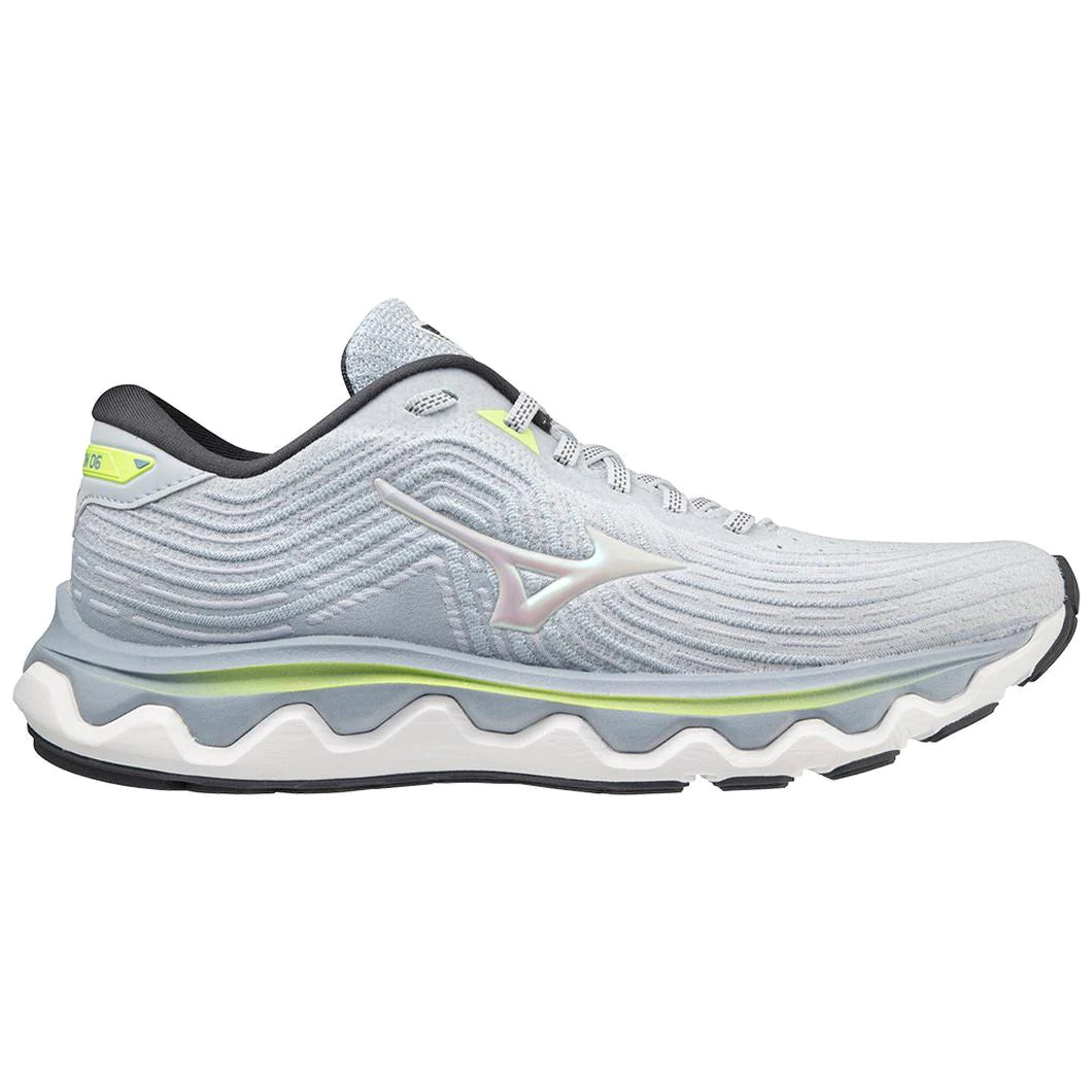 Lateral view of the Women's Wave Horizon 6 by Mizuno in the color Heather / White